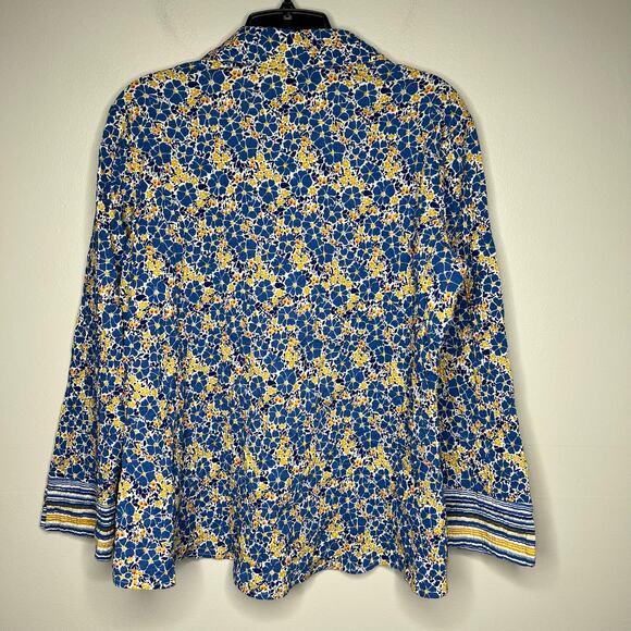 Habitat Yellow Blue Stripe Floral *XS Top Cotton Crinkle 3/4 Sleeve Button Boho - Picture 7 of 16